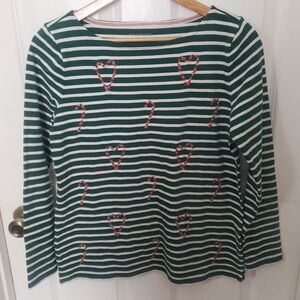 Talbots Petite Mp Green White Red Striped Long Sleeve Christmas Top Beaded Candy